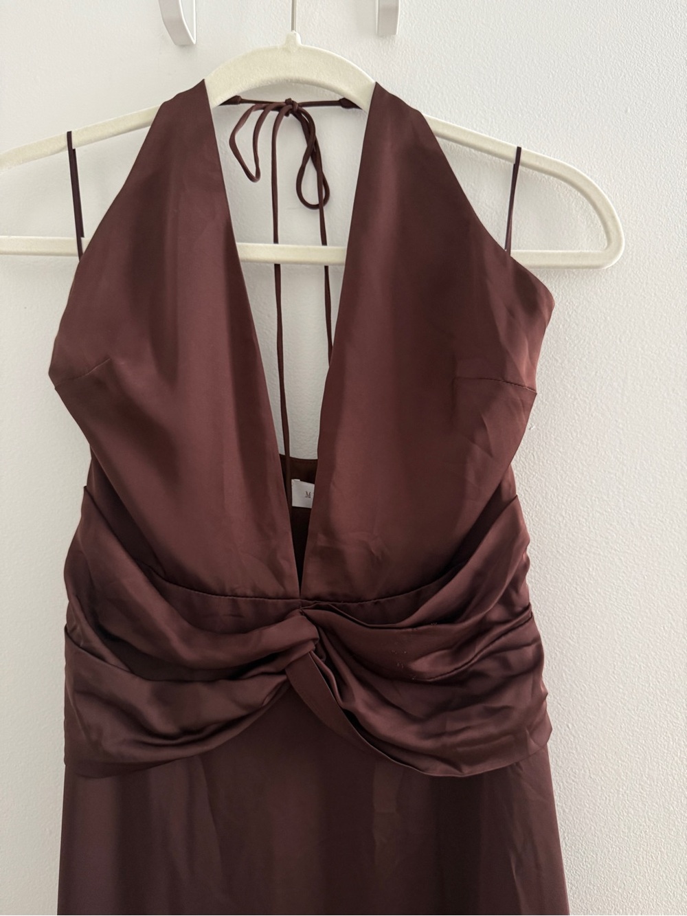 Meshki Cyra Plunge Halter Satin Midi Dress Dark Chocolate Size XS NWT - Picture 5 of 12